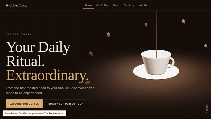 Coffee Today template preview: a 3D cup fills with espresso and steamed milk