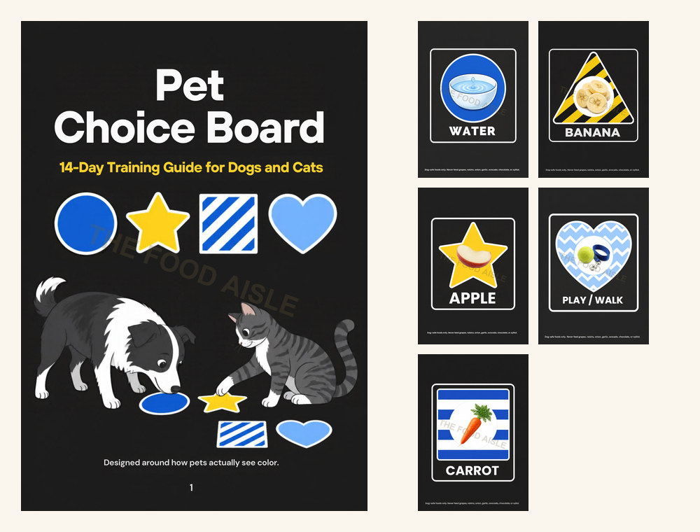 Dog Choice Board Complete Kit: the 14-Day Training Guide cover beside five printable dog choice tiles